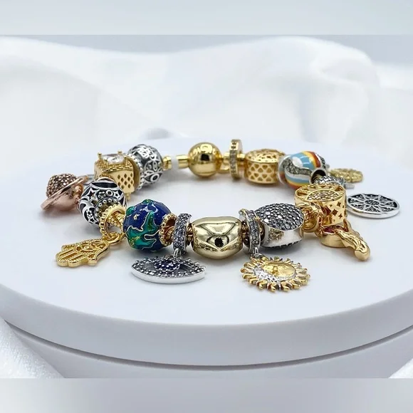 Linx Gold Snake Chain Bracelet with Universe Hamsa and Evil Eye Themed Charms